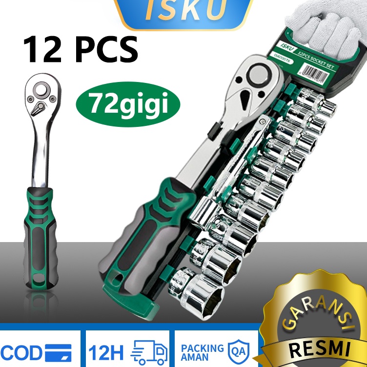 ISKU Kunci Sok Set CRV 12 PCS Kunci Sok Wrench 12 Rachet alat perkakas lengkap motor f Produk Terkin
