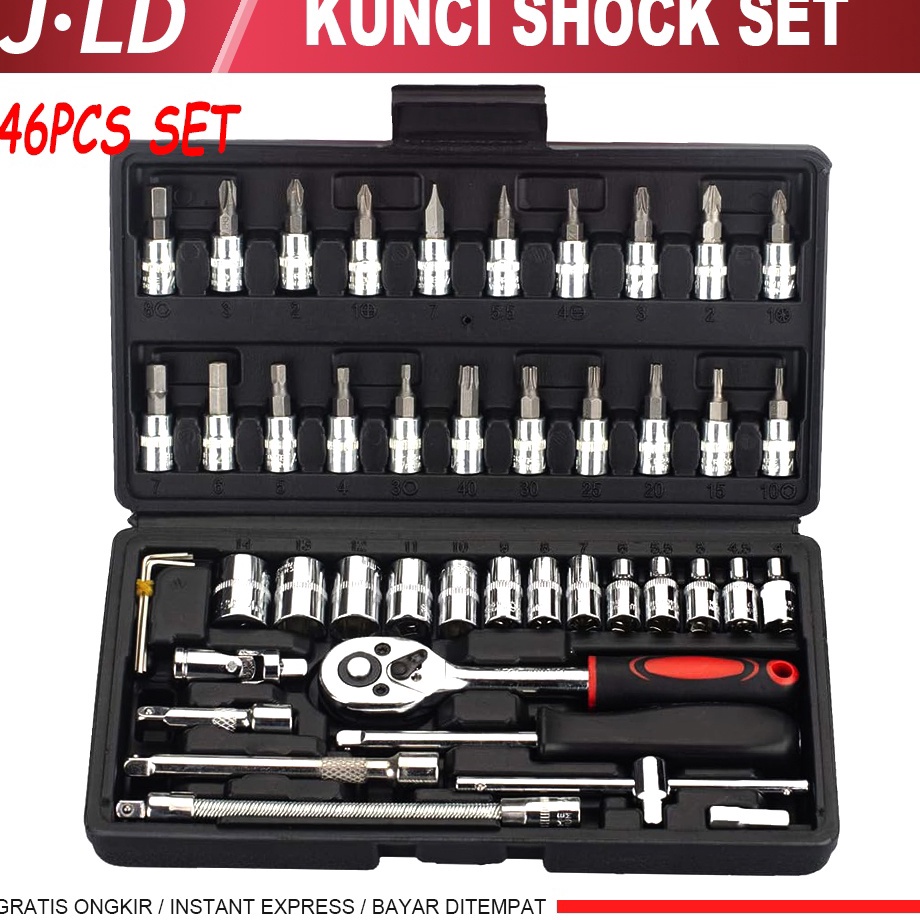 JLD kunci 1set lengkap 46 Pcs kunci shock set 14 Kunci Sok Socket Wrench Pas socket Set Mobil Motor 