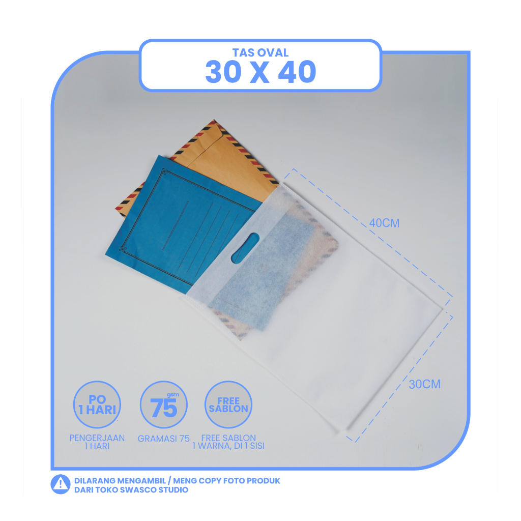 

TAS SPUNBOND OVAL 30X40 (SABLON COSTOM) UNTUK TAS SOUVENIR, SYUKURAN, MENGENANG, PROMOSI, MAP, CLOTHING, LEMBAGA DLL