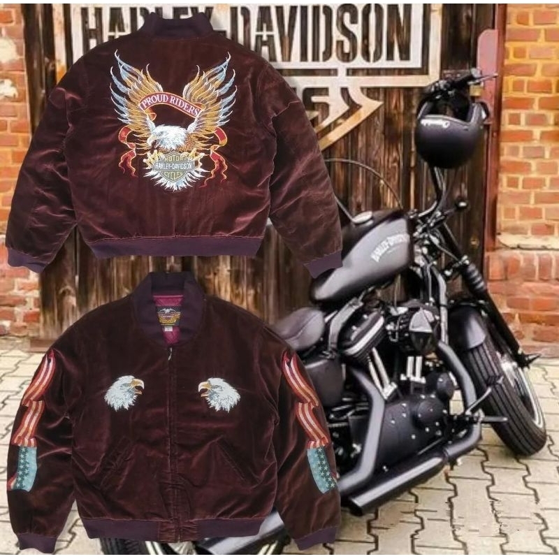 JAKET SUKAJAN BOMBER VTG VINTAGE HARLEY DAVIDSON YOKOSUKA TOYO JAPTRAD BUZZ RICKSON VELVET BORDIR EM