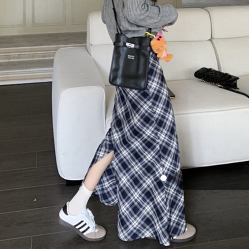 SHEING rok kotak-kotak rok payung Panjang Korean Maxi Skirt