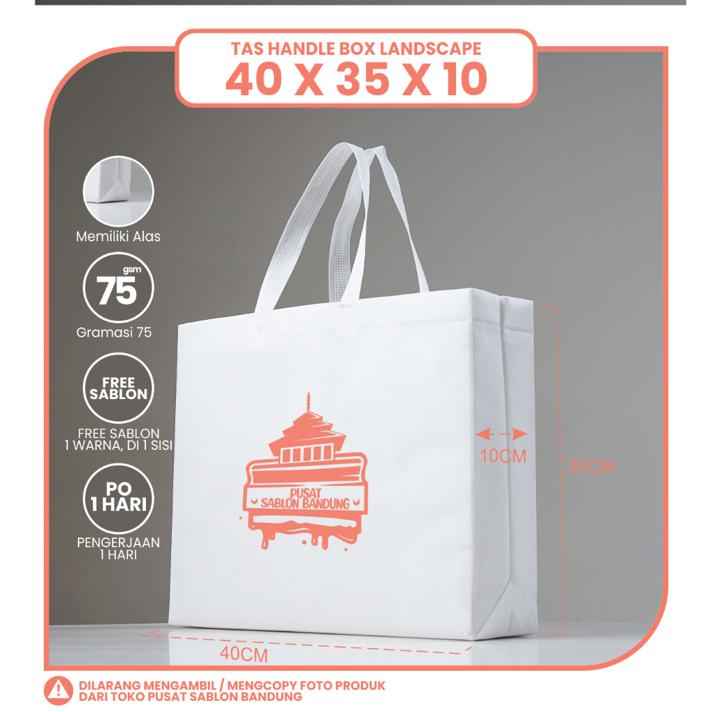 

TAS SPUNBOND LIPAT BOX 40X35 LANDSCAPE (SABLON COSTOM) UNTUK TAS SOUVENIR, SYUKRAN, MENGENANG, PROMOSI, BANSOS, CLOTHING, LEMBAGA DLL