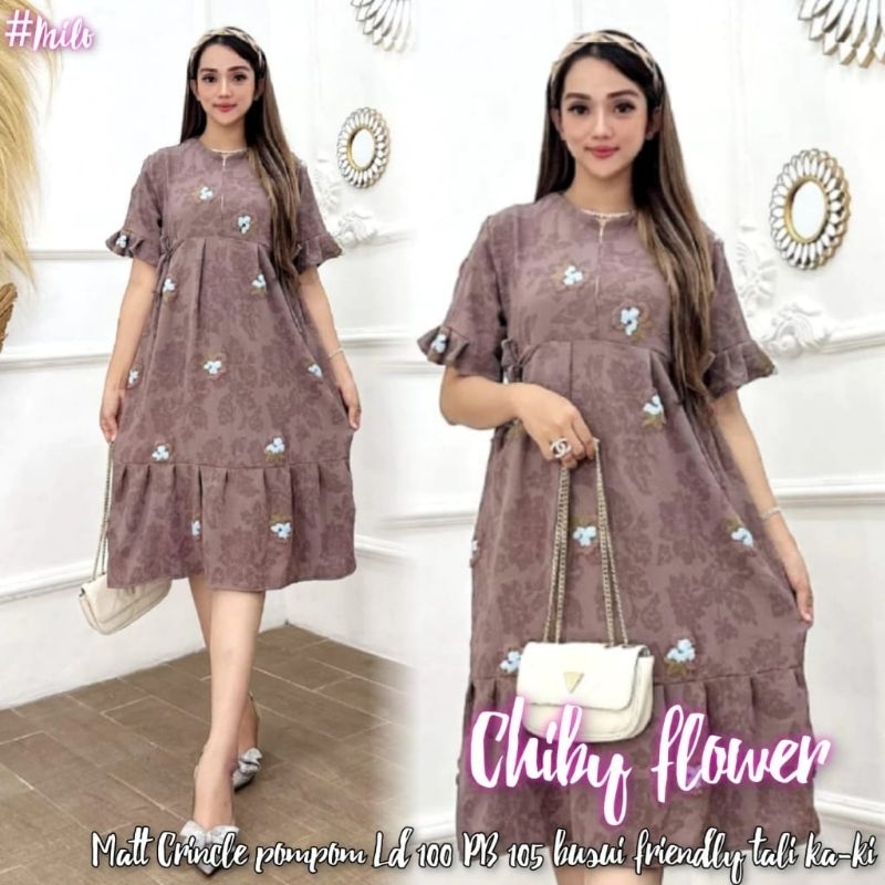 Daster Pompom Bahan Crinkle Airflow Motif Bunga Model Laura Ruffle Rempel Bawah Busui