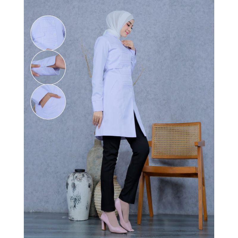 Seragam Perawat Hipu Tunik Stik Garis Katun Set Rok Span/Rok.A/Celana Panjang Free Hijab