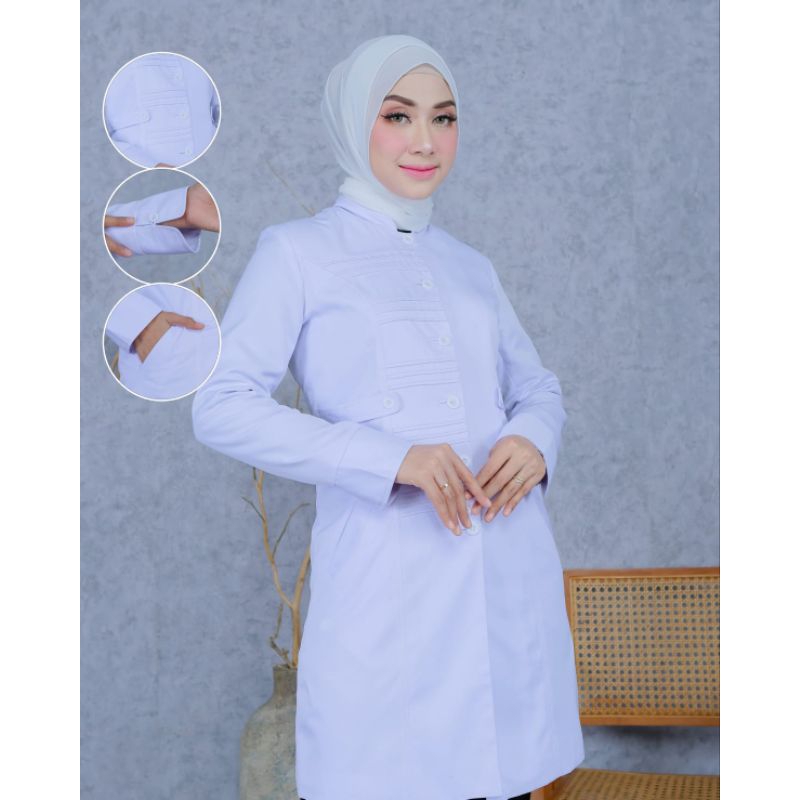 Baju Kerja Wanita Tunik Putih-putih Stik Garis Katun Set Rok Span/Rok.A/Celana Panjang Free Hijab