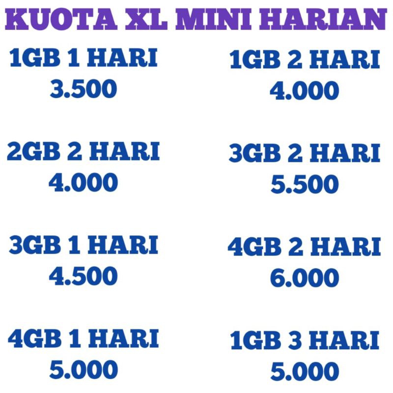 Kuota XL Mini 1GB, 1.5GB, 2.5GB, 4GB, 6GB