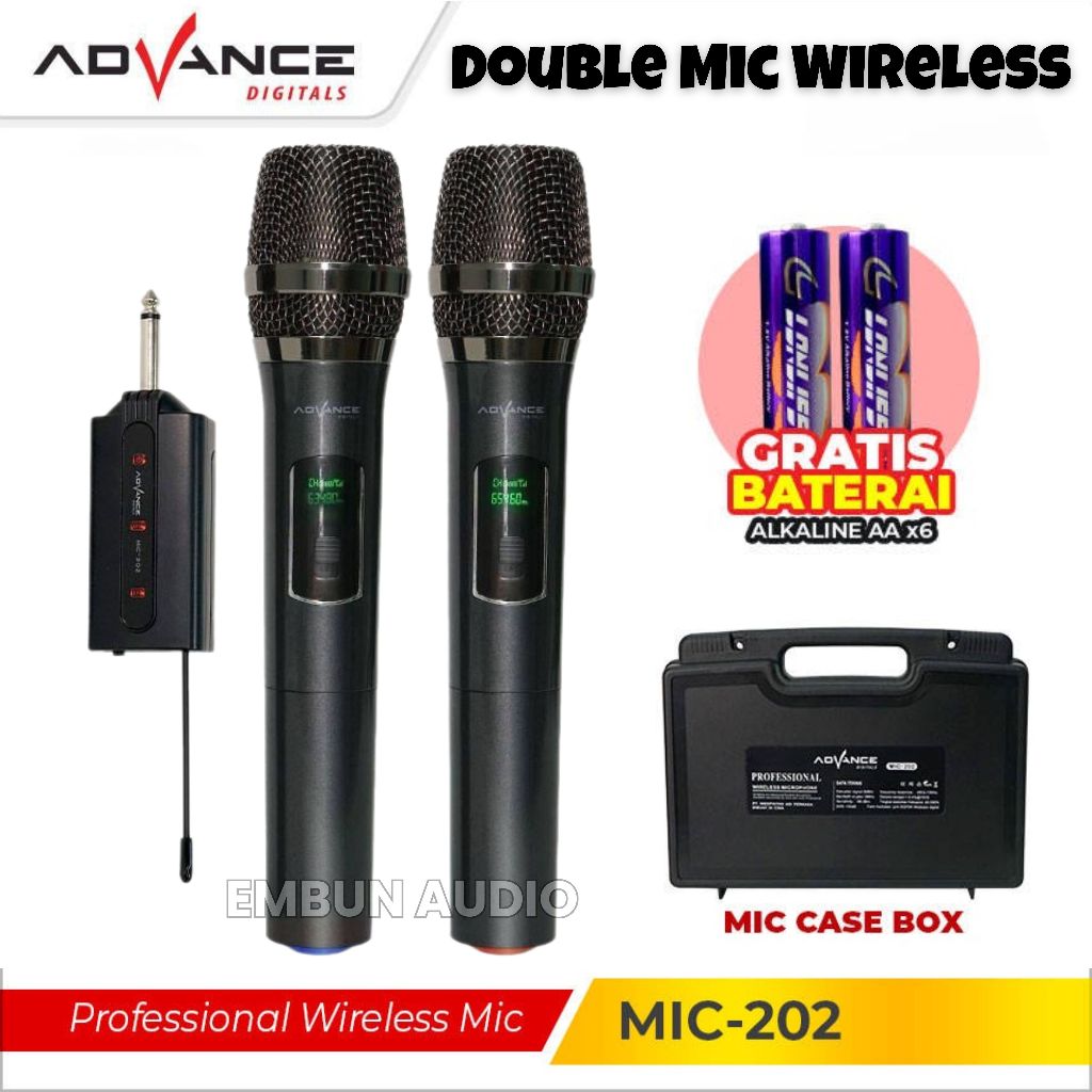 Advance MIC-202 / MIC-203 Profesional 2 Mic Wireless Microphone Karoke Mic Duet - Mic Double Karaoke ADVANCE 202 / 203 Microphone Wireless Profesional ADVANCE - EMBUN AUDIO