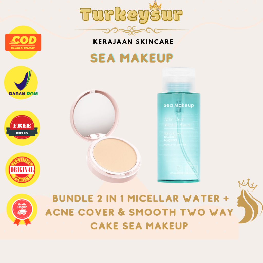 Sea Makup Bundle 2 in 1 Micellar Water + Acne Cover & Smooth Two Way Cake Sea Makeup Make Up Bedak V