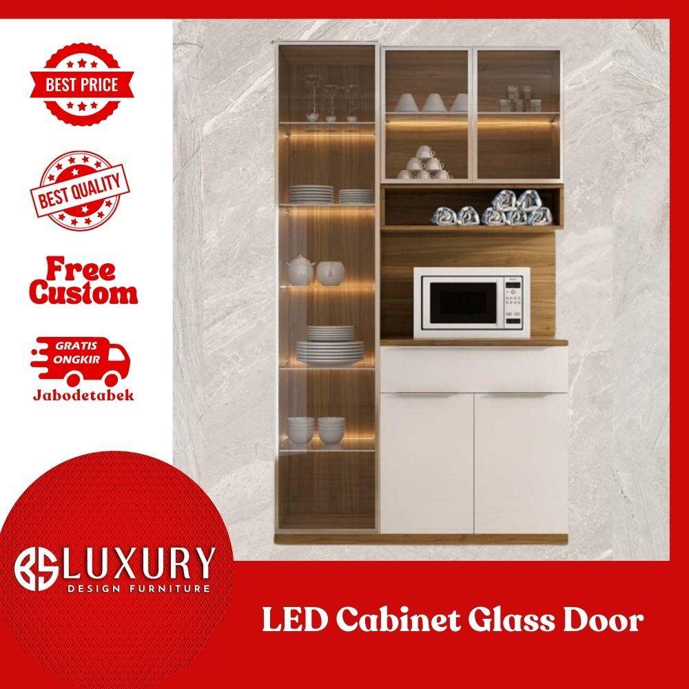 Kabinet Rak Dapur LED Rak Multiplek Pintu Kaca Premium Bisa Custom