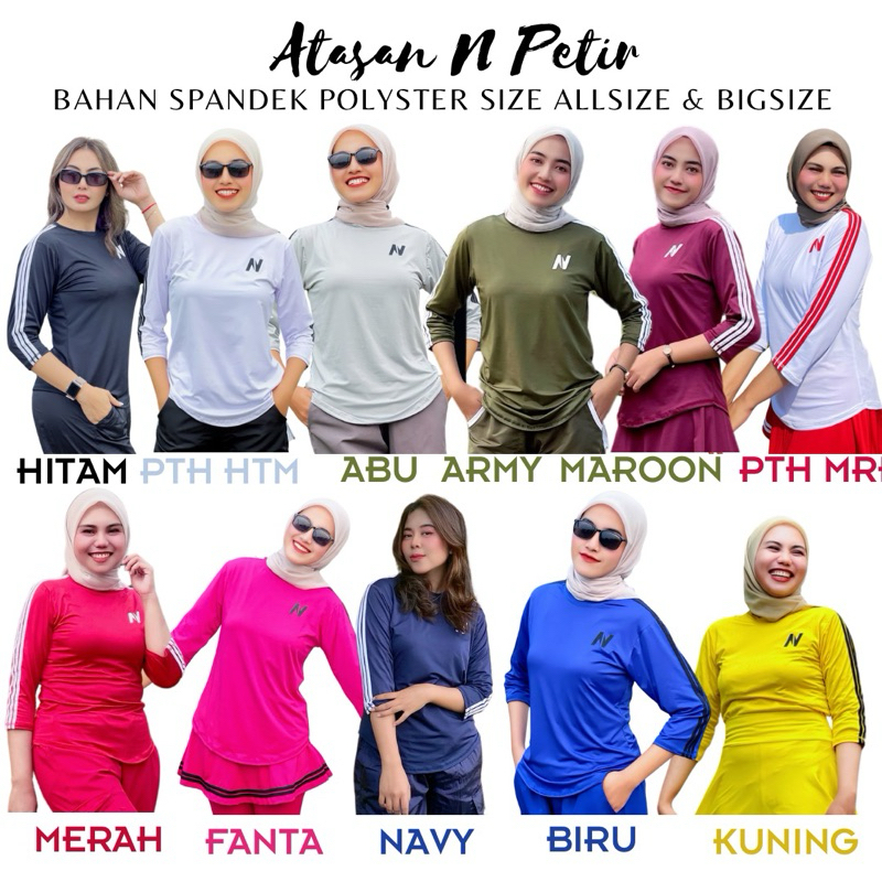 Atasan Baju Senam N Petir (Atasannya Saja) Model 3List 6 Warna Lengan 7/8 Sesiku Bahan Polyster Span