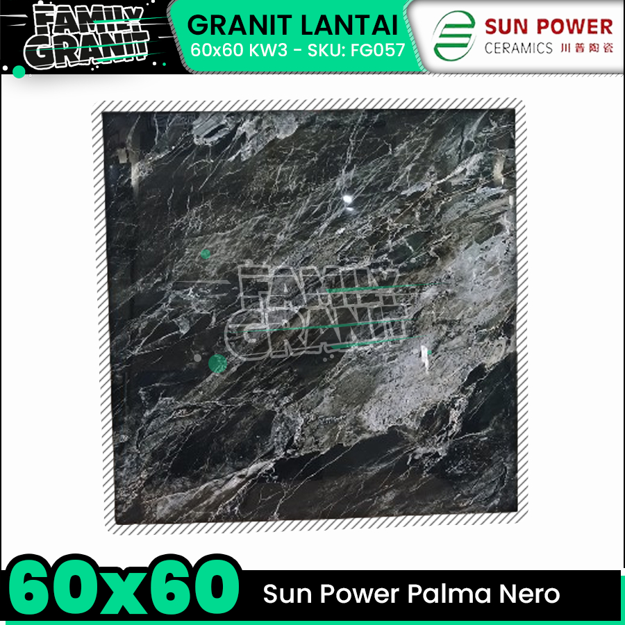 Granit 60x60 Hitam Sun Power Palma Nero Lantai Motif Marmer Glossy