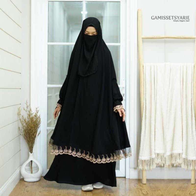 Set Setelan GAMIS Renda plus Khimar Jumbo Syari Lengan Roundhand Free Cadar Tali Wanita Muslimah