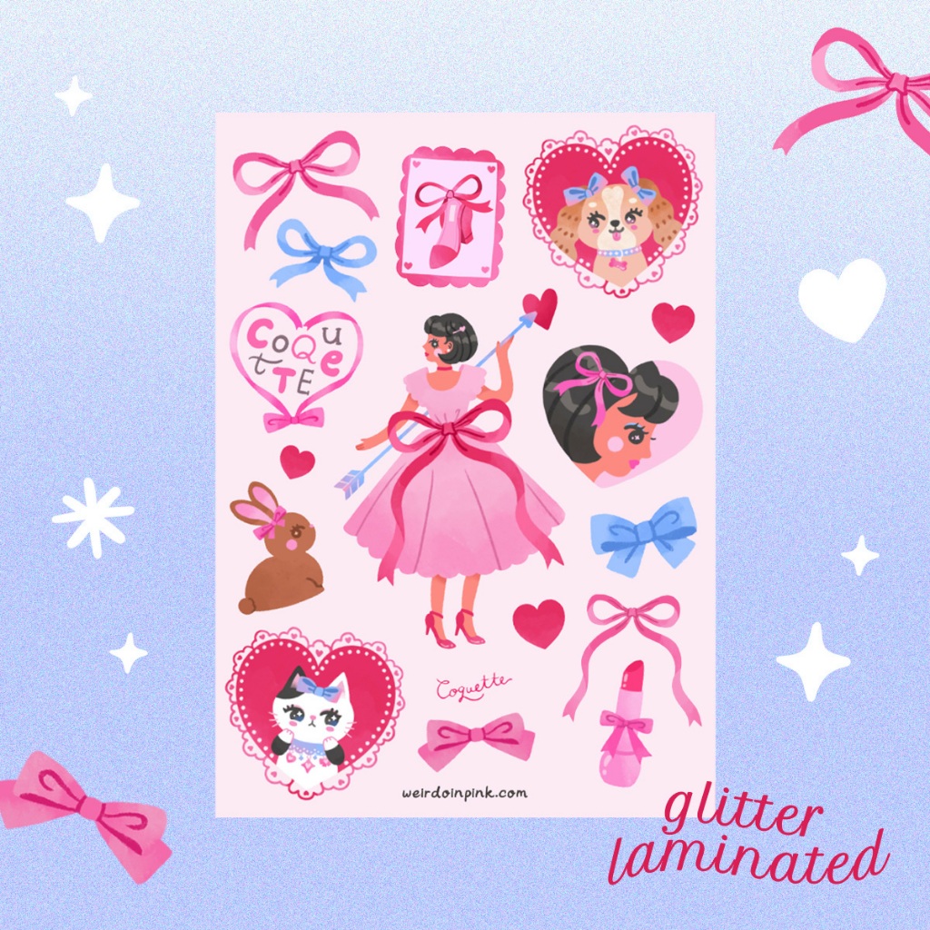 

weirdoinpink - Coquette Gurl - Glitter Laminated Sticker, Vinyl Waterproof Sticker Sheet, Sticker Pita, Ribbon, Pink Bow, Coquette Aesthetics