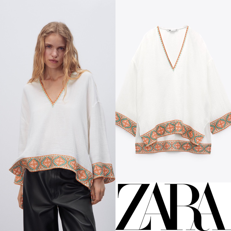 Zara textured embroidered white wide blouse