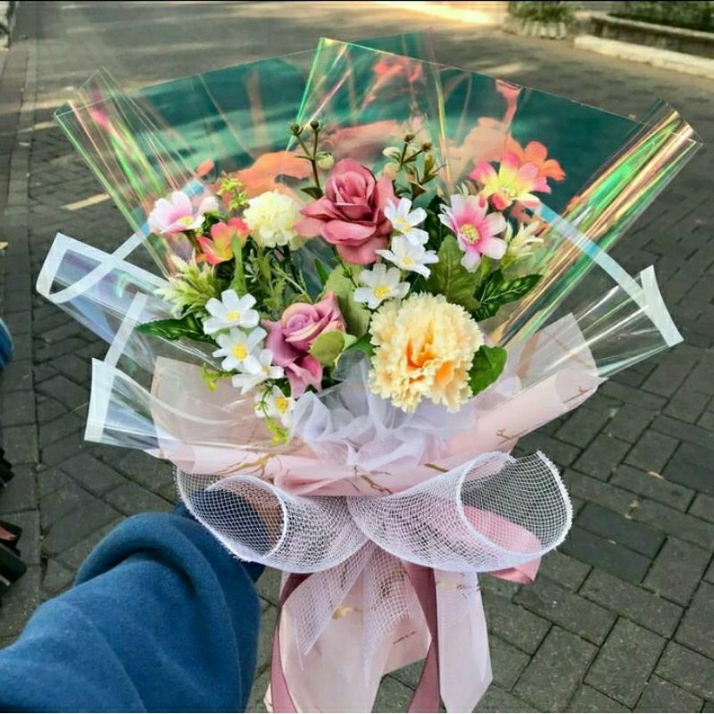 [FOTO ASLI REAL PICT] Buket Wisuda Aurora Hologram / Bucket Wisuda bunga artificial bunga palsu hadi