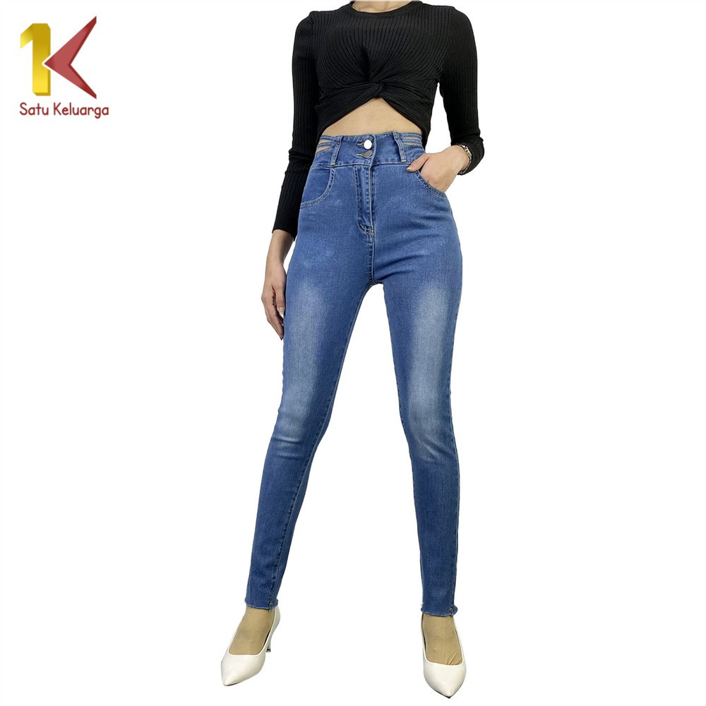 1K Stretch Skinny Jeans Highwaist Wanita Model Unfinished Cut P384 Celana Panjang Pinggang Tinggi Ke