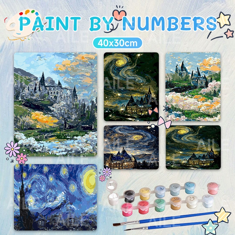 

DIY Paint By Numbers Kit 1 Set Number Canvas Board | Kanvas Alat Lukis 30*40CMWith Frame Van Gogh's Hogwarts Handmade Hanging Painting