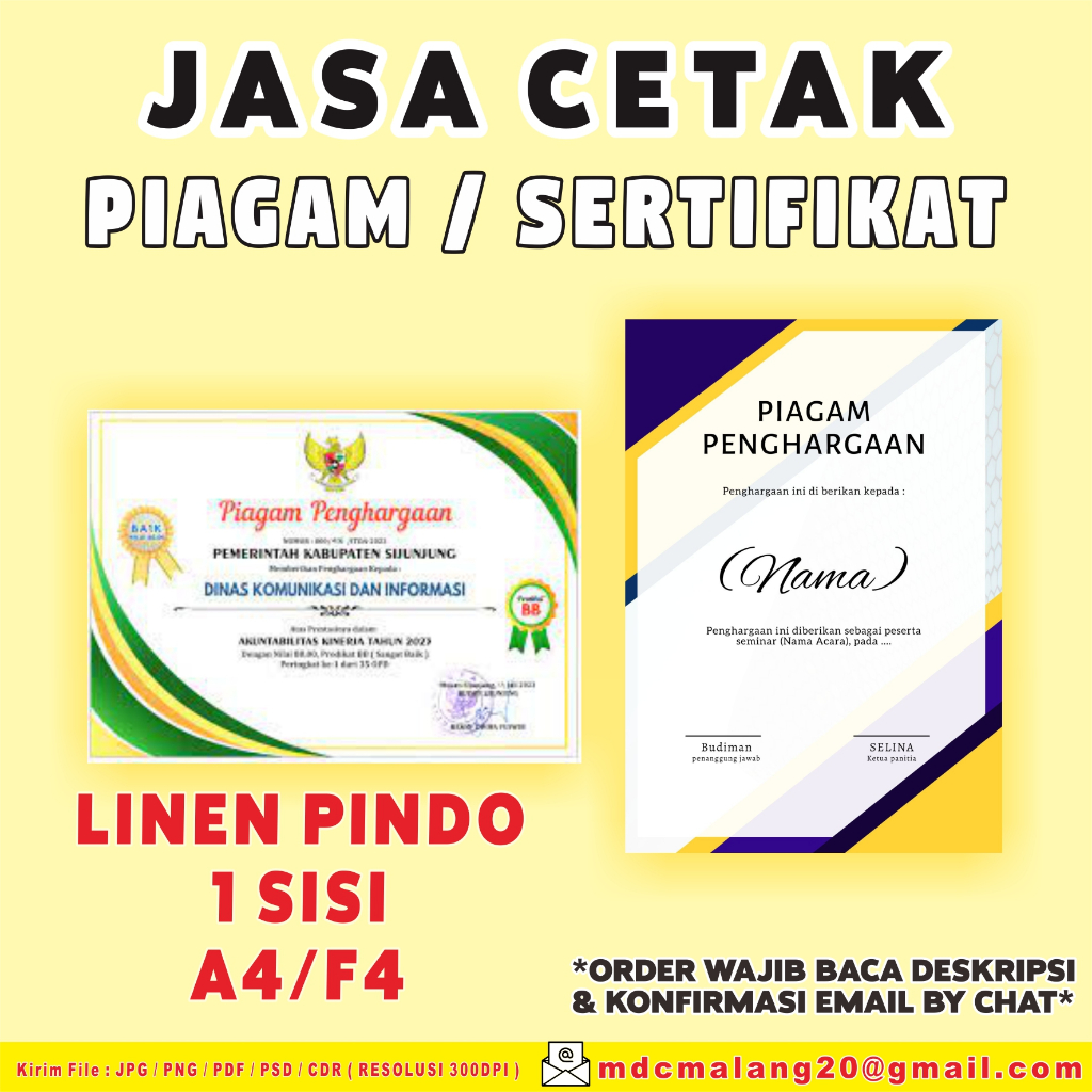 

CETAK PIAGAM DAN SERTIFIKAT A4 / F4 1 SISI KERTAS LINEN PINDO
