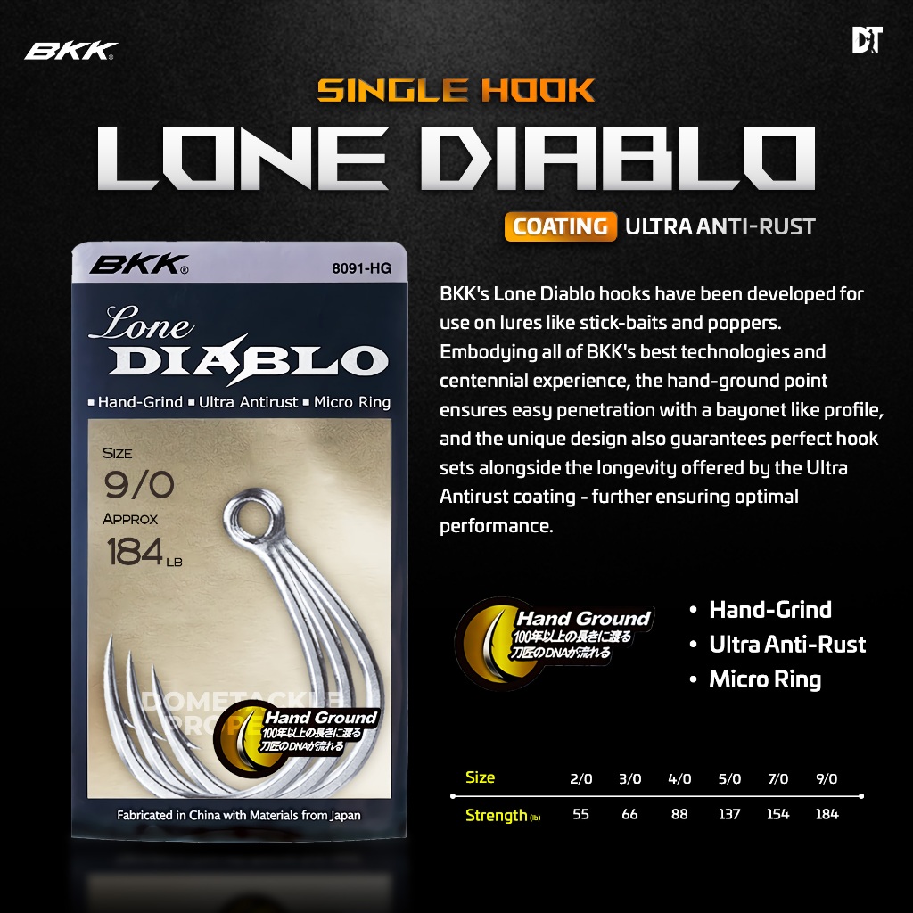 BKK Lone Diablo Hook Single Inline Hook Kail Pancing Popping Casting | Hook Kail Pancing Firelock Go