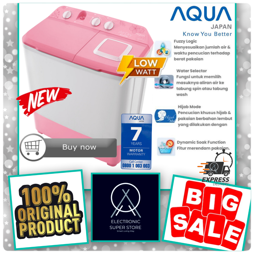 MESIN CUCI AQUA QW-761XT QW761XT 761XT BIG PULSATOR ANTI RUST 2 TABUNG 7KG SUPER LOW WATT AQUA