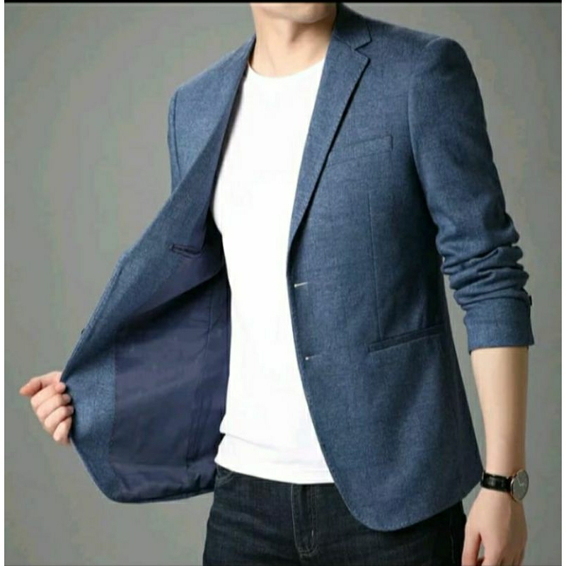 jas denim pria slim fit/ blazer pria denim terbaru