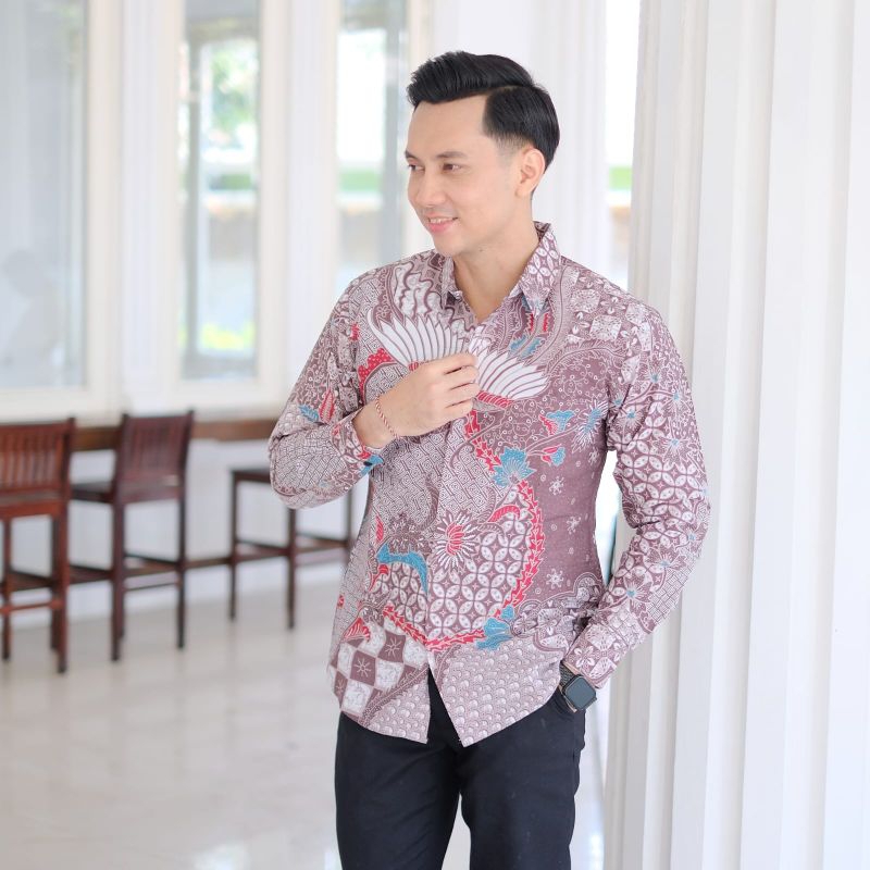 Kemeja Batik Pria Original Slimfit Lapis furing Motif Peksi Ungu Soft Batik Pria Warna Pastel Baju B