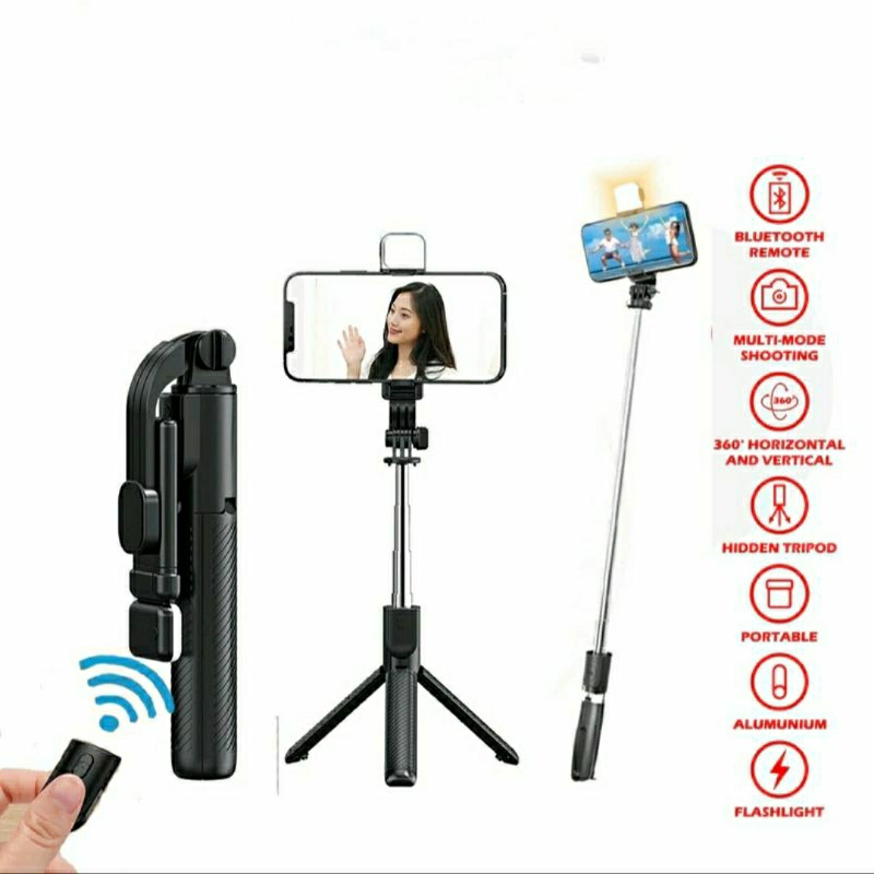Tripod Tongsis Led  R1S R1 3in1 Wireless Bluetooth Remote Shutter + Flashlight Tongkat Narsis Mini S