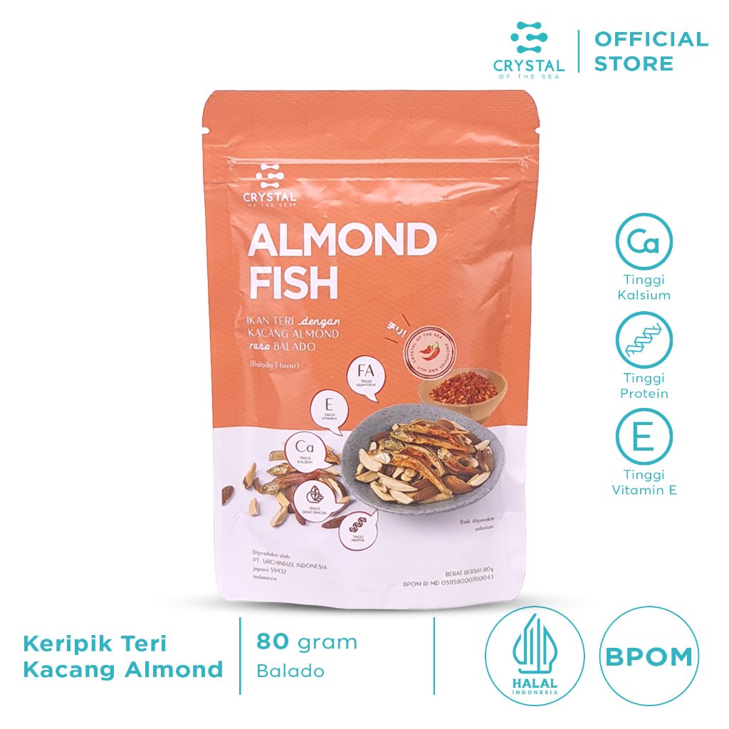 

CRYSTAL OF THE SEA Almond Fish Snack Keripik Ikan Teri Kacang Almond Halal BPOM 80GR Rasa Balado Flavor Sehat Tanpa MSG dan Pengawet 085