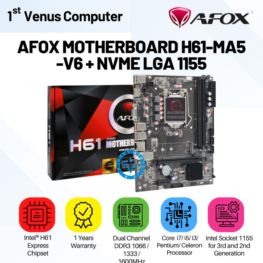 Motherboard Afox H61 Support NVME IH61-MA2-V6 (Intel LGA 1155, DDR3)