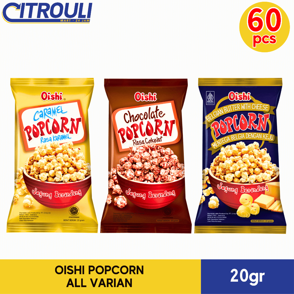 

OISHI POPCORN 20gr (ISI 60pcs / 6 RENTENG / 1 DUS) ALL VARIAN