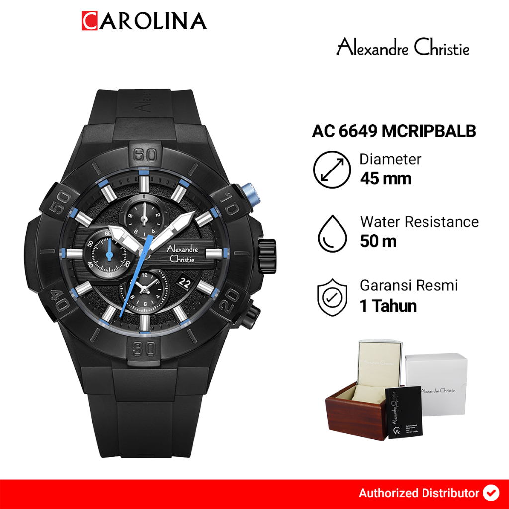 Jam Tangan Pria Alexandre Christie Chronograph AC 6649 MCRIPBALB Black Dial Black Rubber Strap