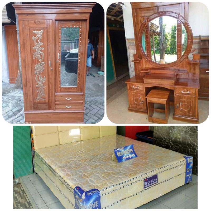 (PROMO PAKET HEMAT) set kamar lemari tempat tidur springbed meja rias bahan kayu jati termurah