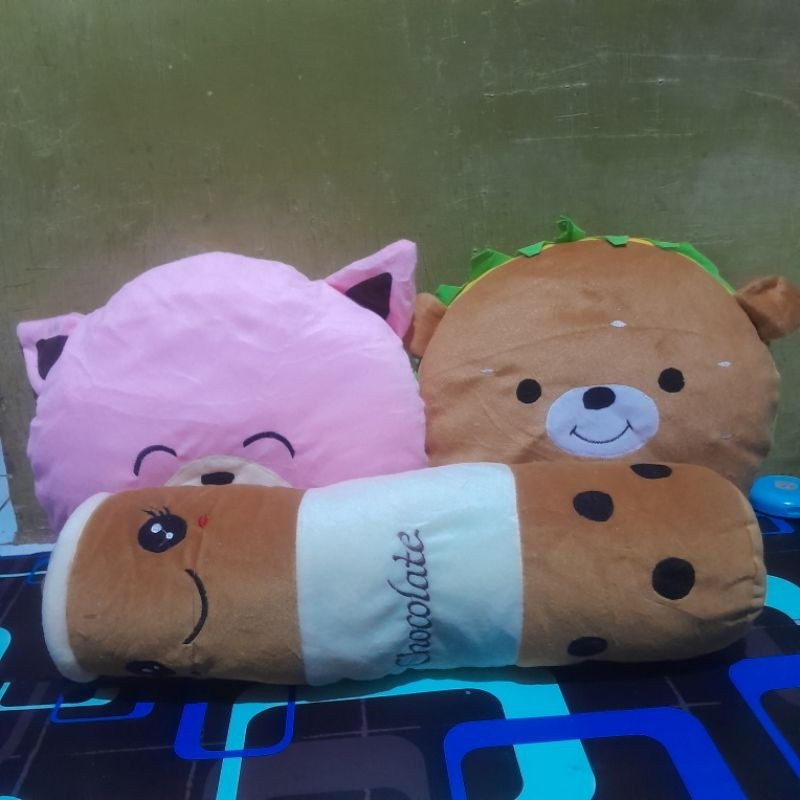 Boneka Murah Bantal Leher Miniso Guling HK Hello Kitty Bantal Guling Kucing Burger Boba Boneka Banta