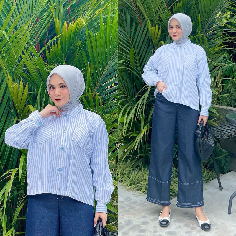 Kemeja Crop Top Salur / Kemeja Garis Garis / Kemeja Wanita Salur Setrip Garis Jumbo / Kemeja Wanita