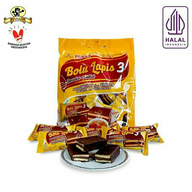 Pusan Bolu Lapis 3 Bersalut Coklat dan Vanilla Isi 15pcs