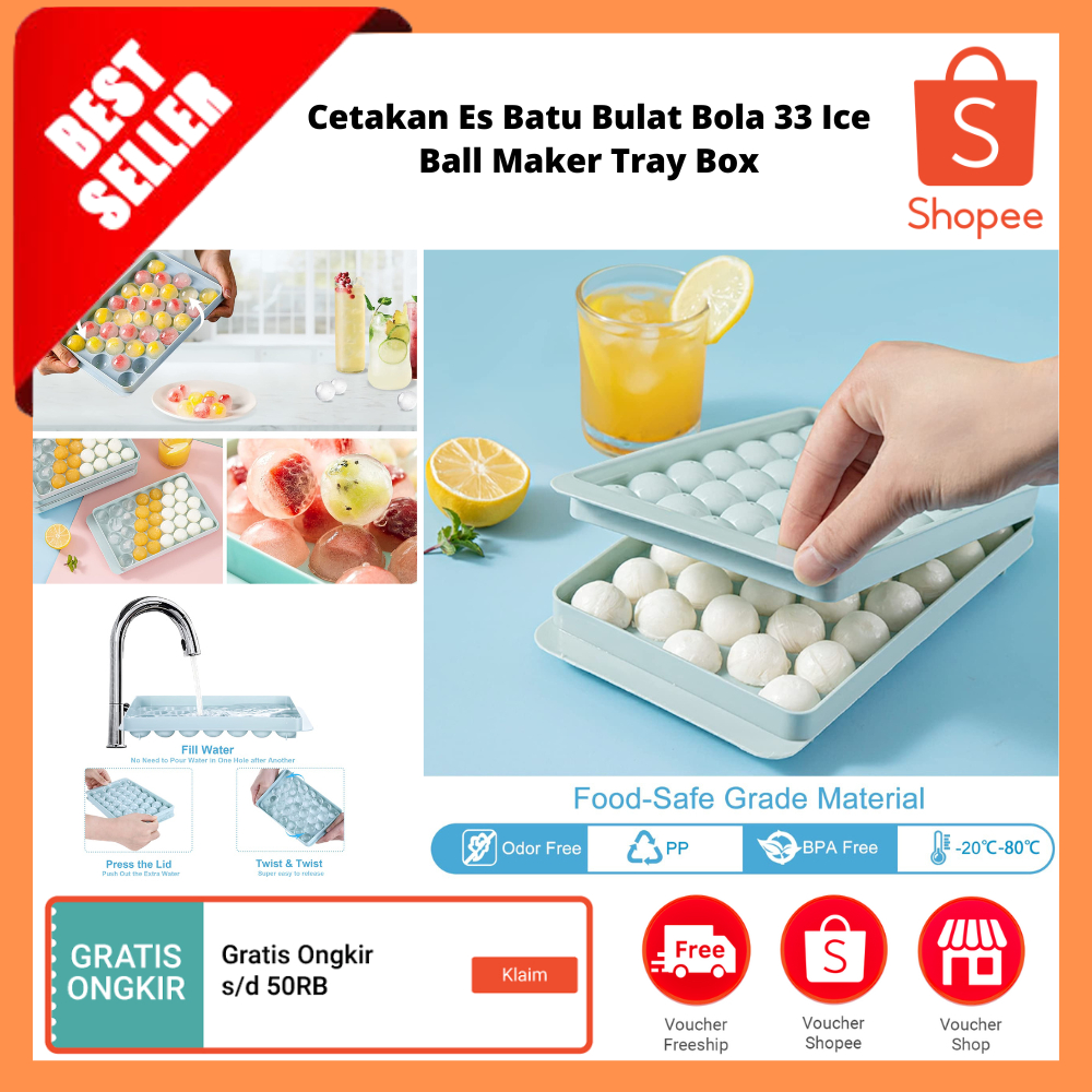 Cetakan Es Batu Bulat Bola 33 Ice Ball Maker Tray Box / Nampan Es Batu Bulat dengan Tutup & Tempat C