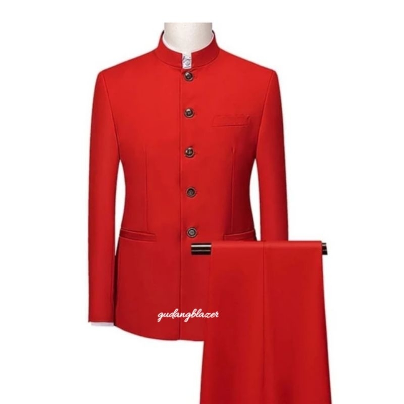 New pashion Setelan Jas Mandarin  hitam - abu - manggis - Merah cabe - Jas+celana Mandarin pria