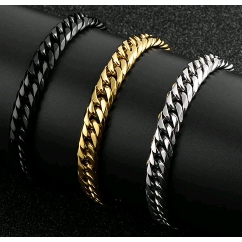 Gelang Tangan Pria/Wanita, Titanium Motif  Rantai Pipih Berlapis Emas Anti Karat