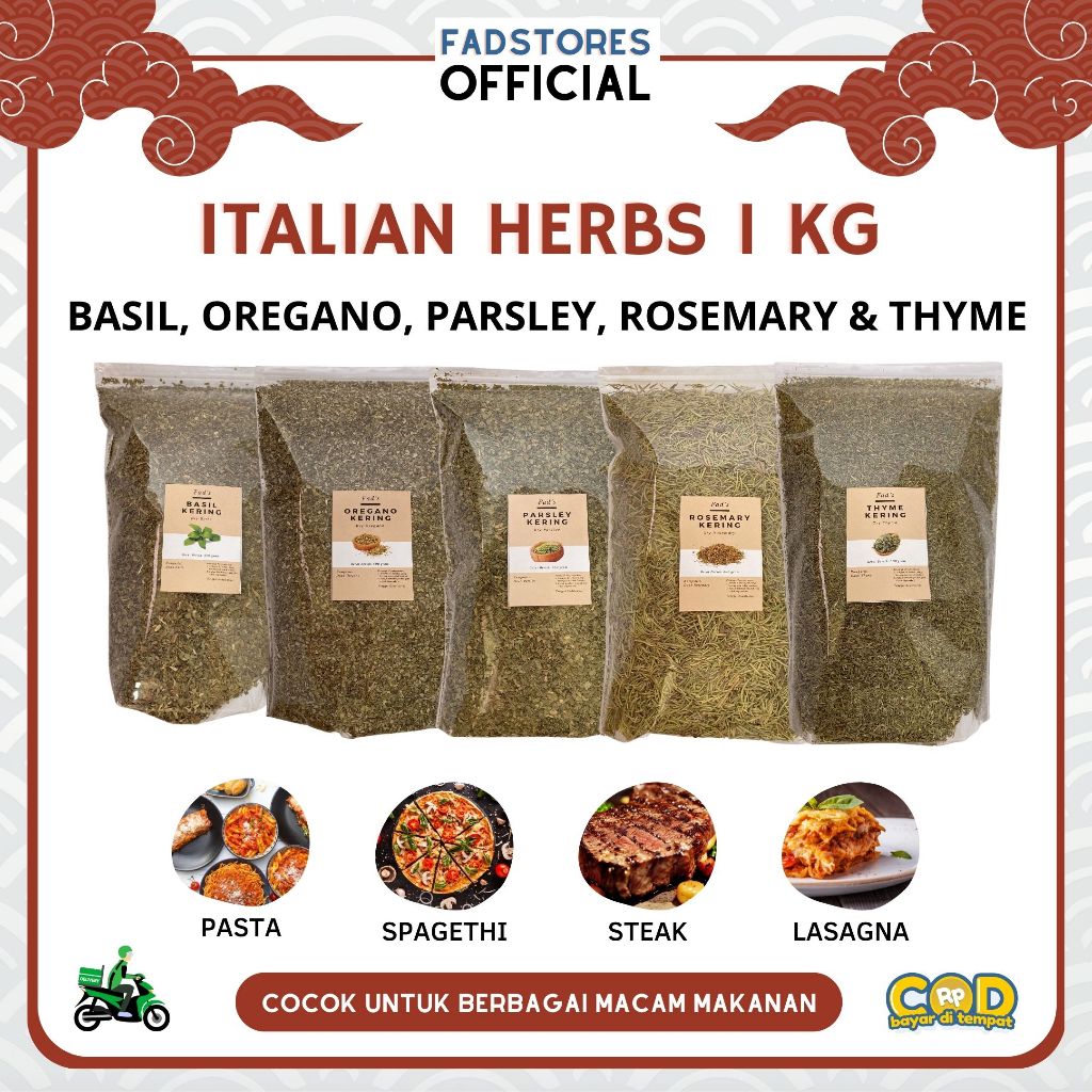 

Italian Spices 1kg - Basil 1kg - Oregano 1kg - Parsley 1kg - Rosemary 1kg - Thyme 1kg - Basil Kering 1kg - Oregano Kering 1kg - Parsley Kering 1kg - Rosemary Kering 1kg - Thyme Kering 1kg