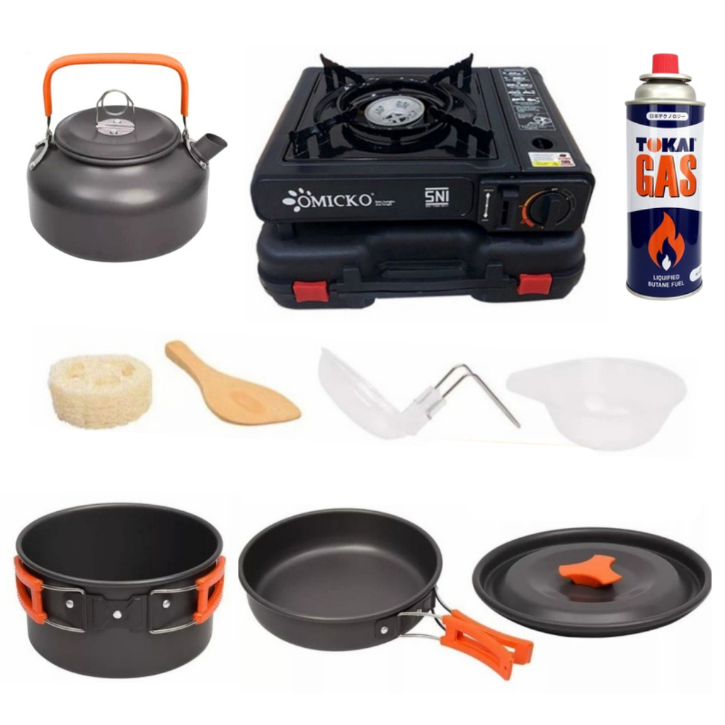 Panci Set Camping Gunung + Kompor Portable Omicko 2in1 Free Gas Kaleng