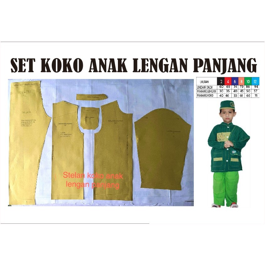 pola BAJU KOKO ANAK POLA BAJU MUSLIM ANAK LAKI Lengan Panjang POLA INSTAN 2-12 Th