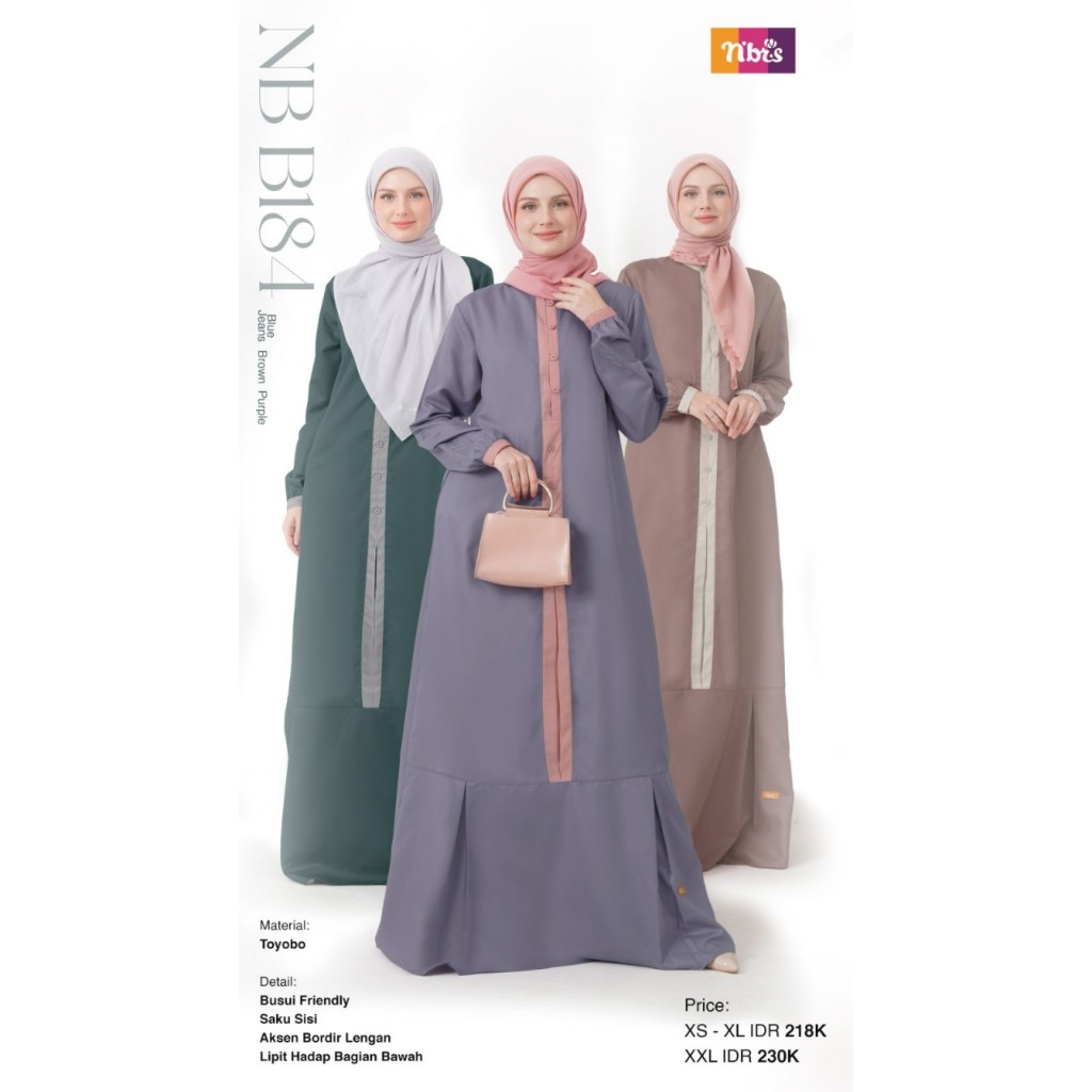 Gamis Nibras Nb B184 Busui Friendly Material Toyobo Blue Jeans Brown Purple Gamis Wanita Dewasa Keki
