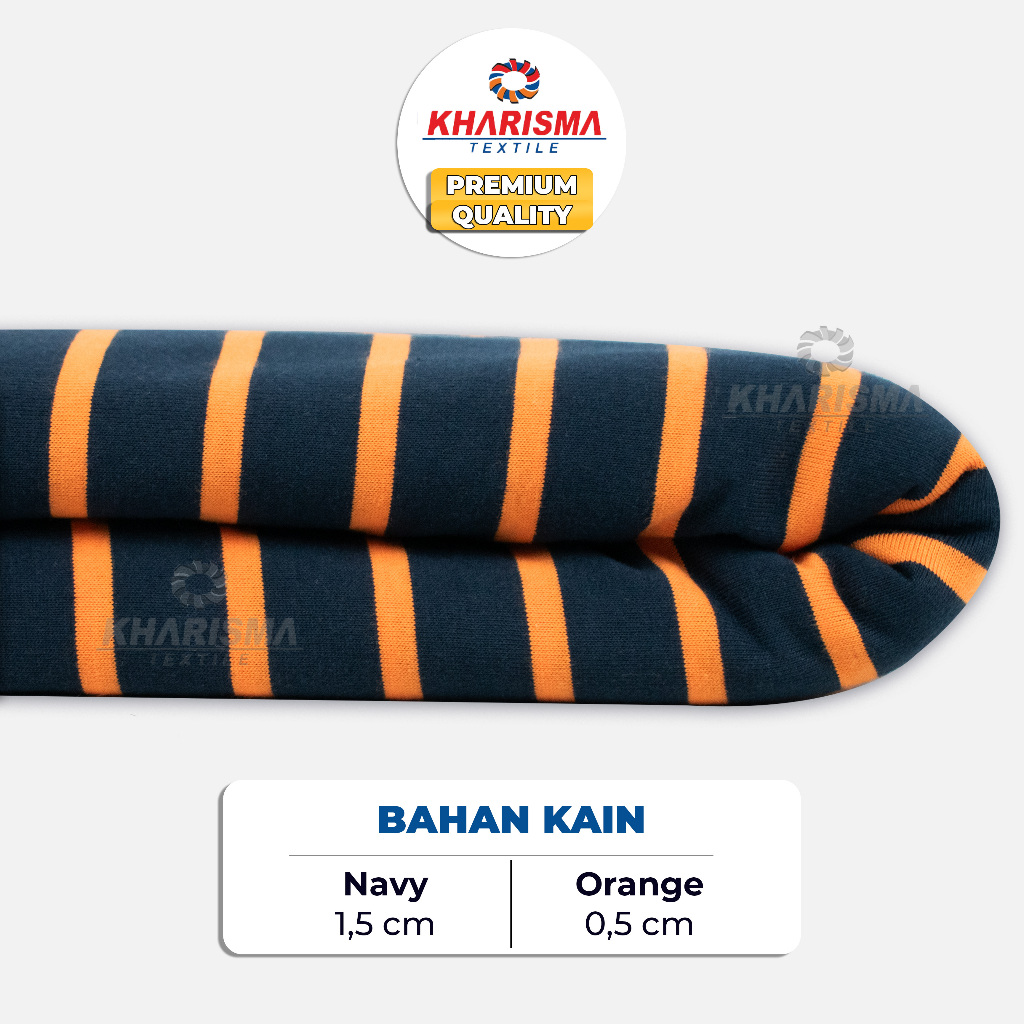 Kain Bahan Kaos Salur Dominan Navy - Orange CVC 30s Corak Motif Garis Stripe Lebar Besar 1,8 cm Keci