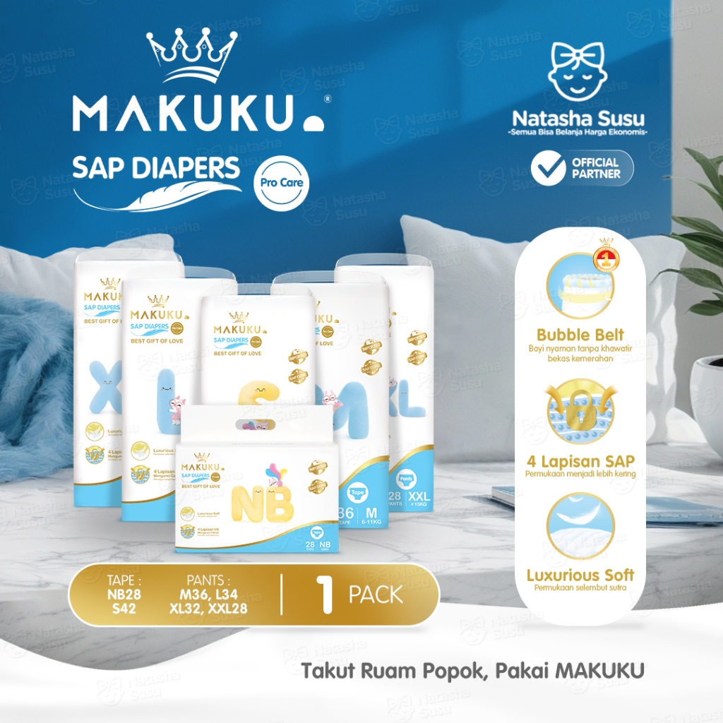 Makuku Pro Care SAP Diapers Tape/ Pants [1PACK] | Popok Bayi Tipis Cepat Kering Anti Gumpal Tipe Per
