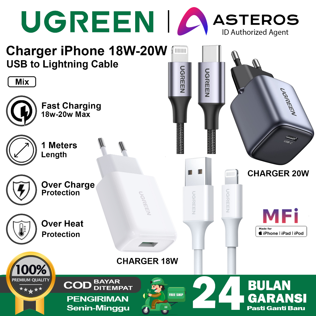 UGREEN Charger MFi iPhone USB lightning dan PD Type C to Lightning Fast Charging 10W 20W 30W