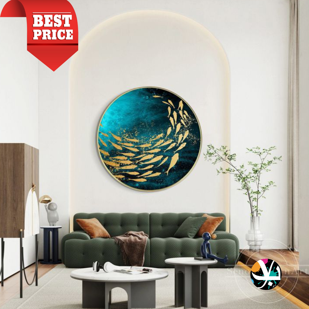 Lukisan k anvas tangan bulat - lukisan ikan koi diamter 100cm - Lukisan dinding Ikan Koi 3d - lukisa