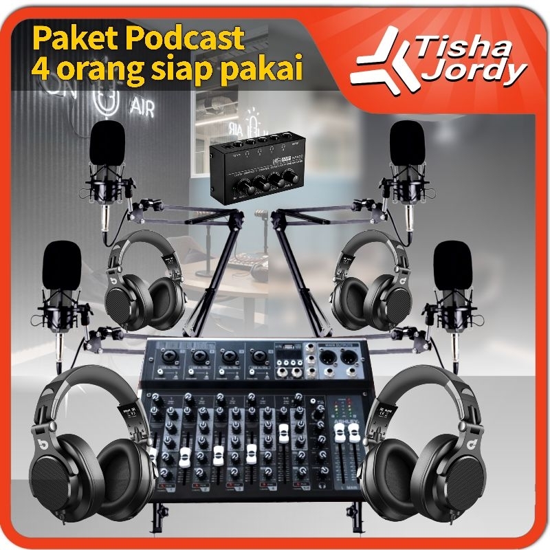 paket podcast 4 orang kumplit mic, headphone, mixer live record