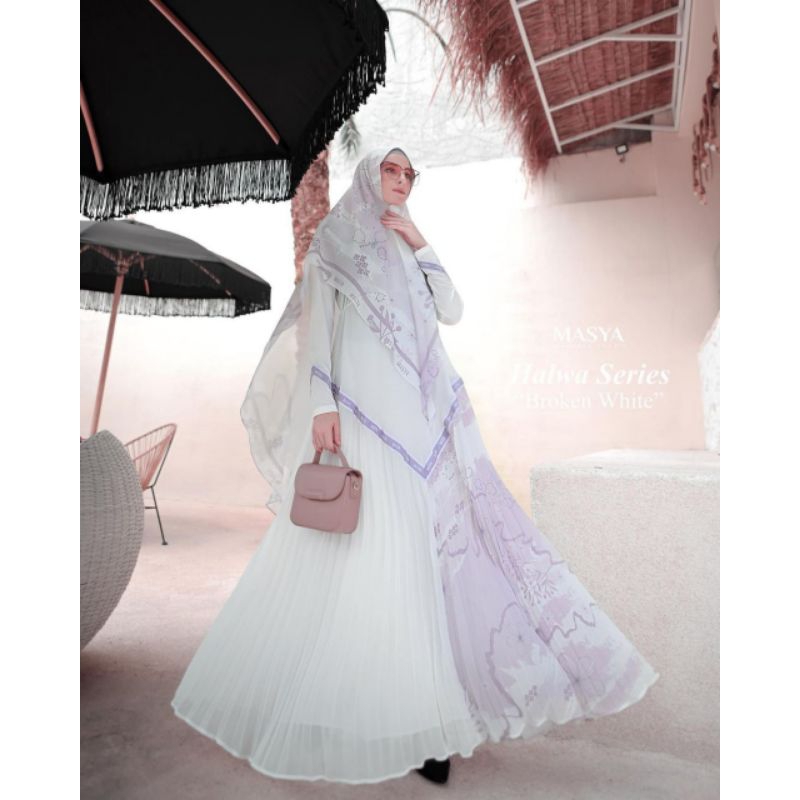 Set Gamis Dress Ceruty Babydoll Printing Premium Syari Branded Merah Maroon - Broken White - Ungu - 