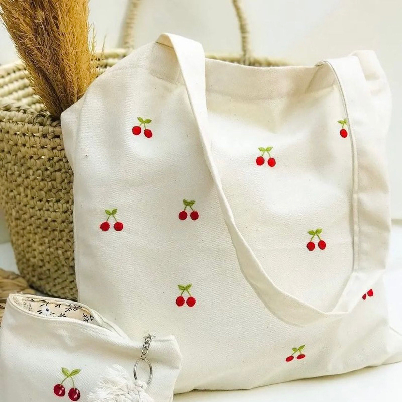 CUSTOM Embroidery Tote Bag Bordir Orange Cherry