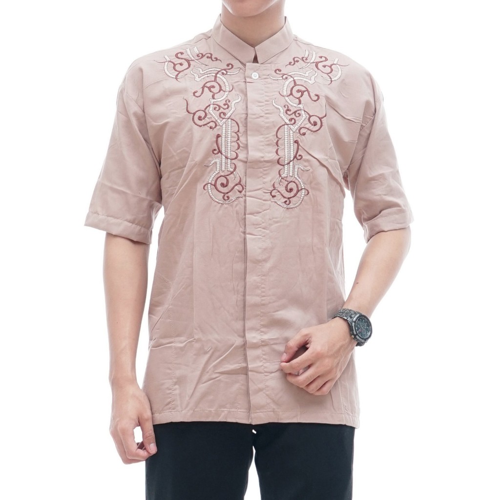 YAZAKA Baju Kemeja Koko Pria Motif Bordir Model RV1 Cream Lengan Pendek Muslim Terbaru